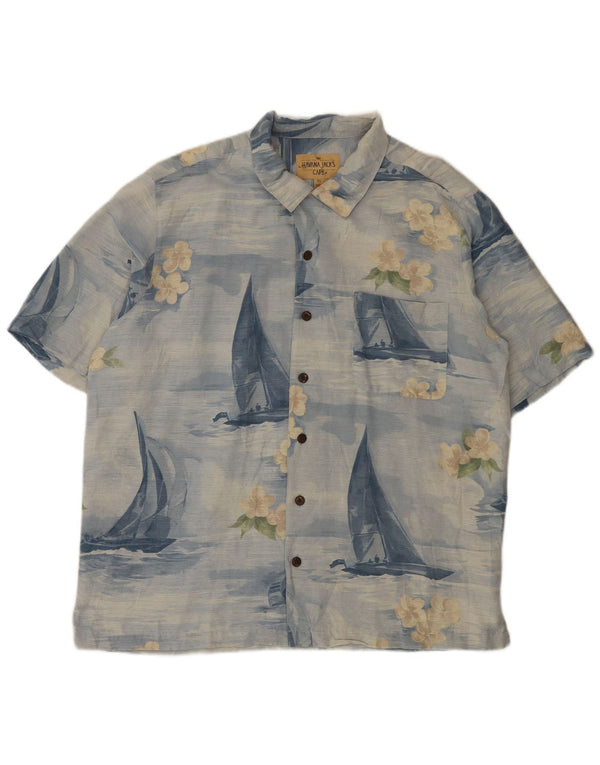 Vintage Herren Kurzarmhemd XL Blau geblümte Seide