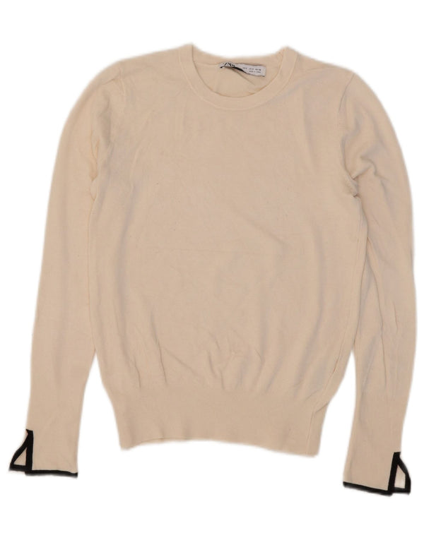 Zara Damen Crop Crew Neck Pullover Pullover UK 10 Small Beige Viskose
