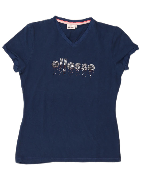 ELLESSE Damen Grafik-T-Shirt-Oberteil UK 14 Large Marineblau Baumwolle