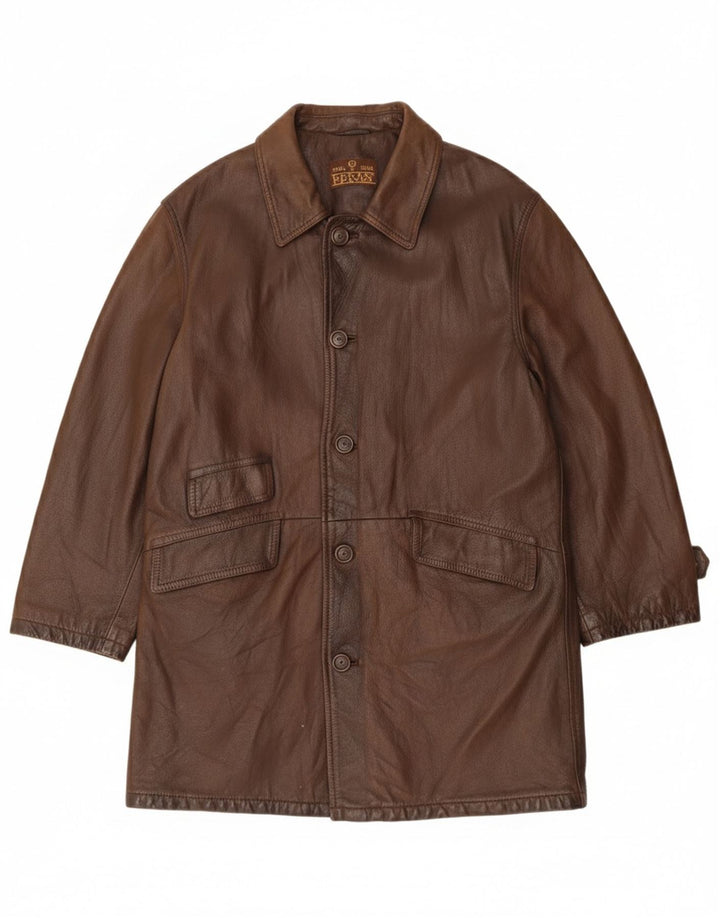 Herren-Ledermantel mit grünen Blättern, Größe 40, großes braunes Leder