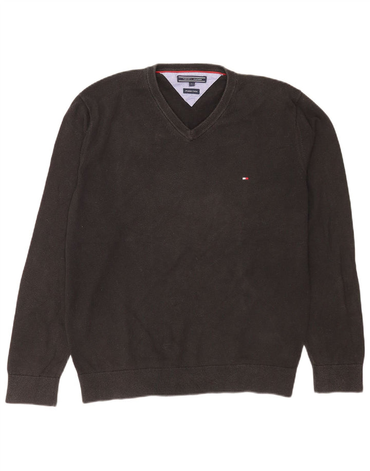 Tommy Hilfiger Herren-Pullover mit V-Ausschnitt, groß, schwarze Baumwolle