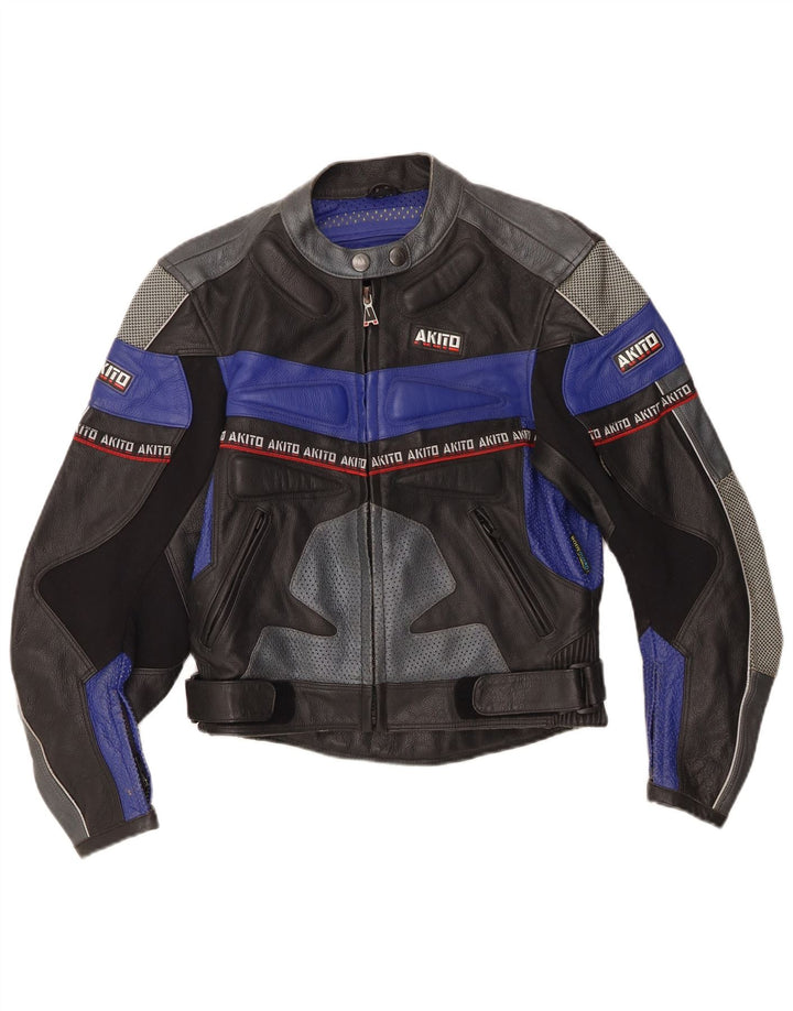 Akito Womens Graphic Leder Racer Jacke UK 12 Medium Black Colourblock