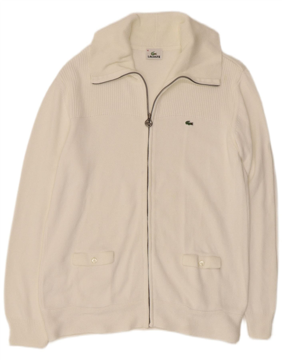 LACOSTE Damen Strickjacke Größe 46 XL Weiße Baumwolle