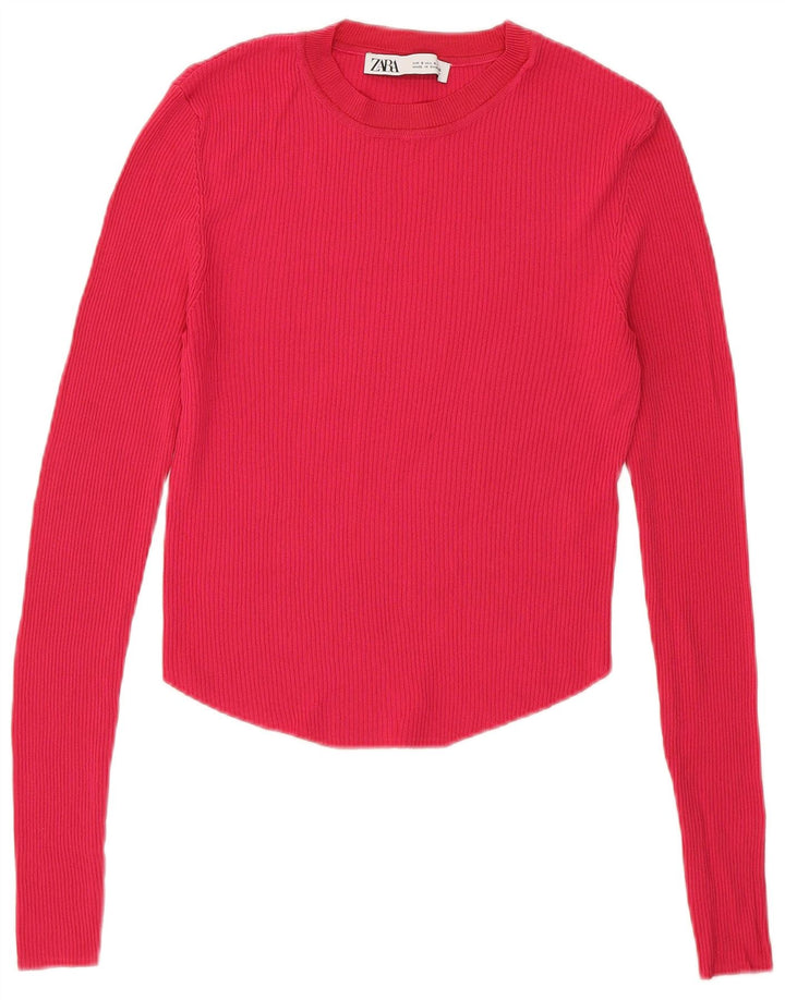 Zara Damen Crop Top Langarm UK 8 Small Rosa Viskose