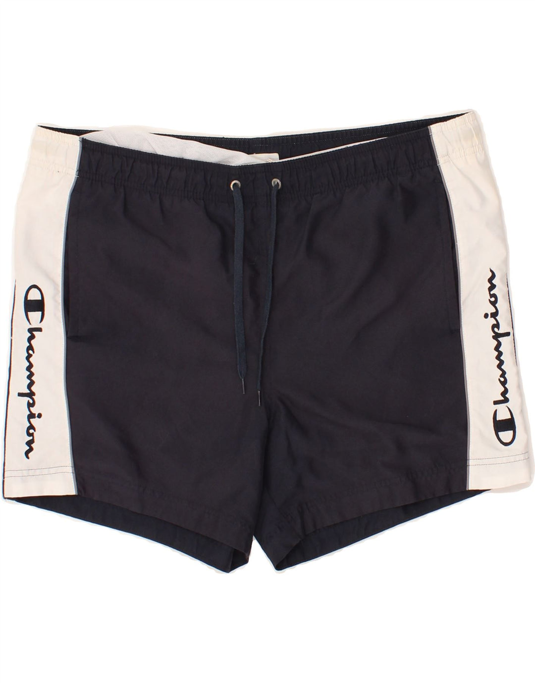 CHAMPION Mens Graphic Sport Shorts Large Navy Blue Colourblock Vintage Champion and Second-Hand Champion from Messina Hembry 