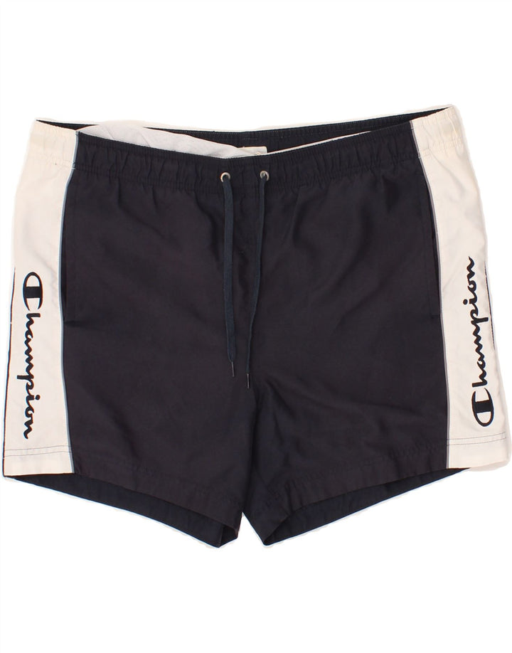 CHAMPION Mens Graphic Sport Shorts Large Navy Blue Colourblock Vintage Champion and Second-Hand Champion from Messina Hembry 