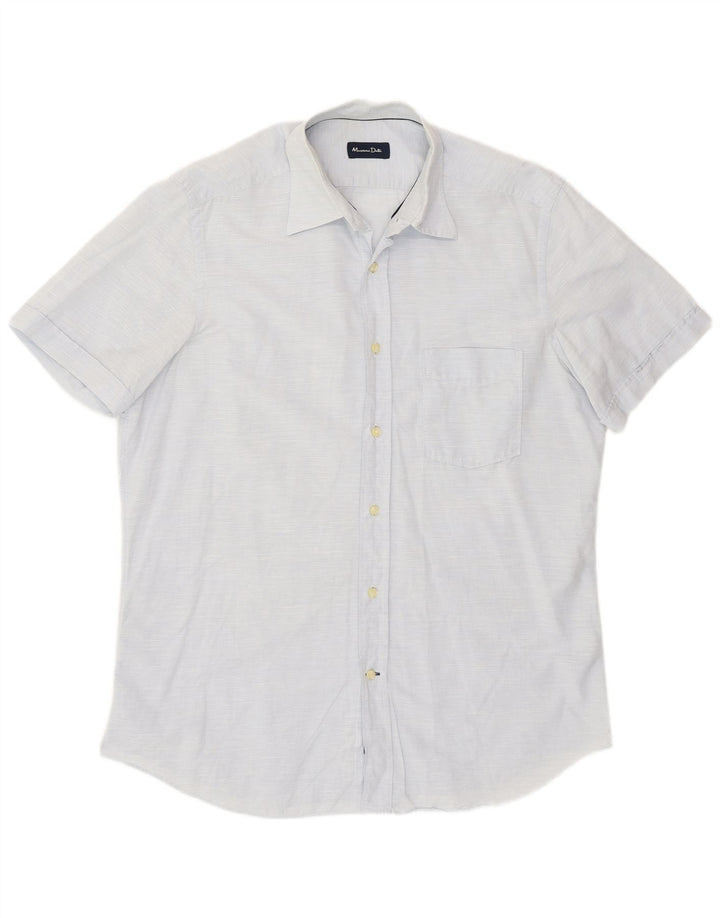 Massimo Dutti Herren-Kurzarmhemd, groß, blaue Nadelstreifen-Baumwolle