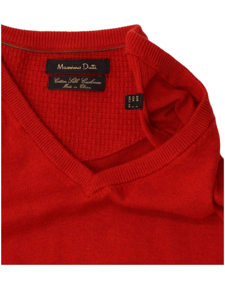 Massimo Dutti Herren-Pullover mit V-Ausschnitt, groß, rote Farbblock-Seide