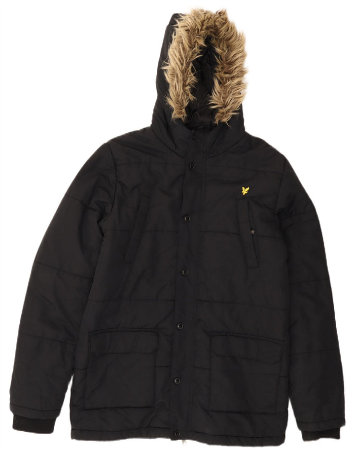 Lyle & Scott Wattierte Jungenjacke mit Kapuze, 14–15 Jahre, schwarzes Polyamid