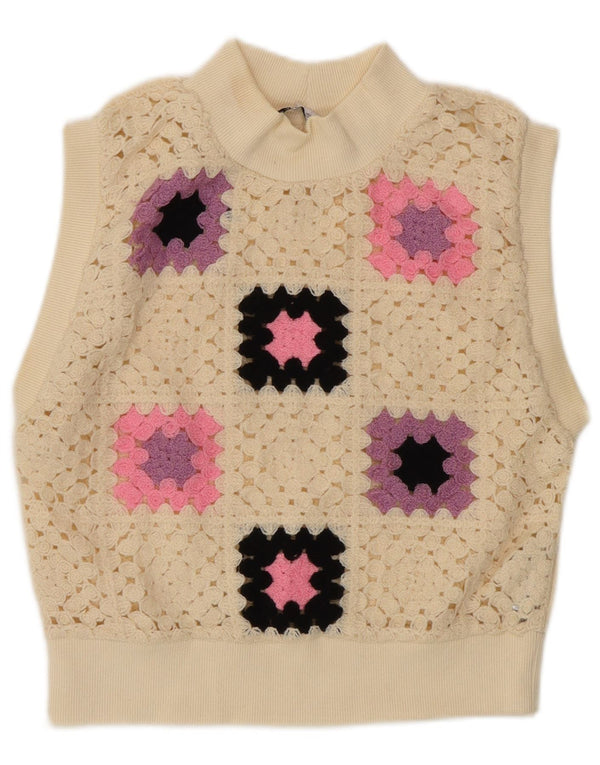 Zara Damen Weste Tank Top UK 12 Medium Off White Geometrisches Acryl