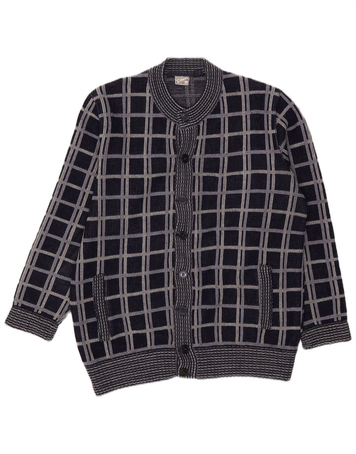 Vintage Herren Cardigan Pullover Medium Marineblau karierte Wolle