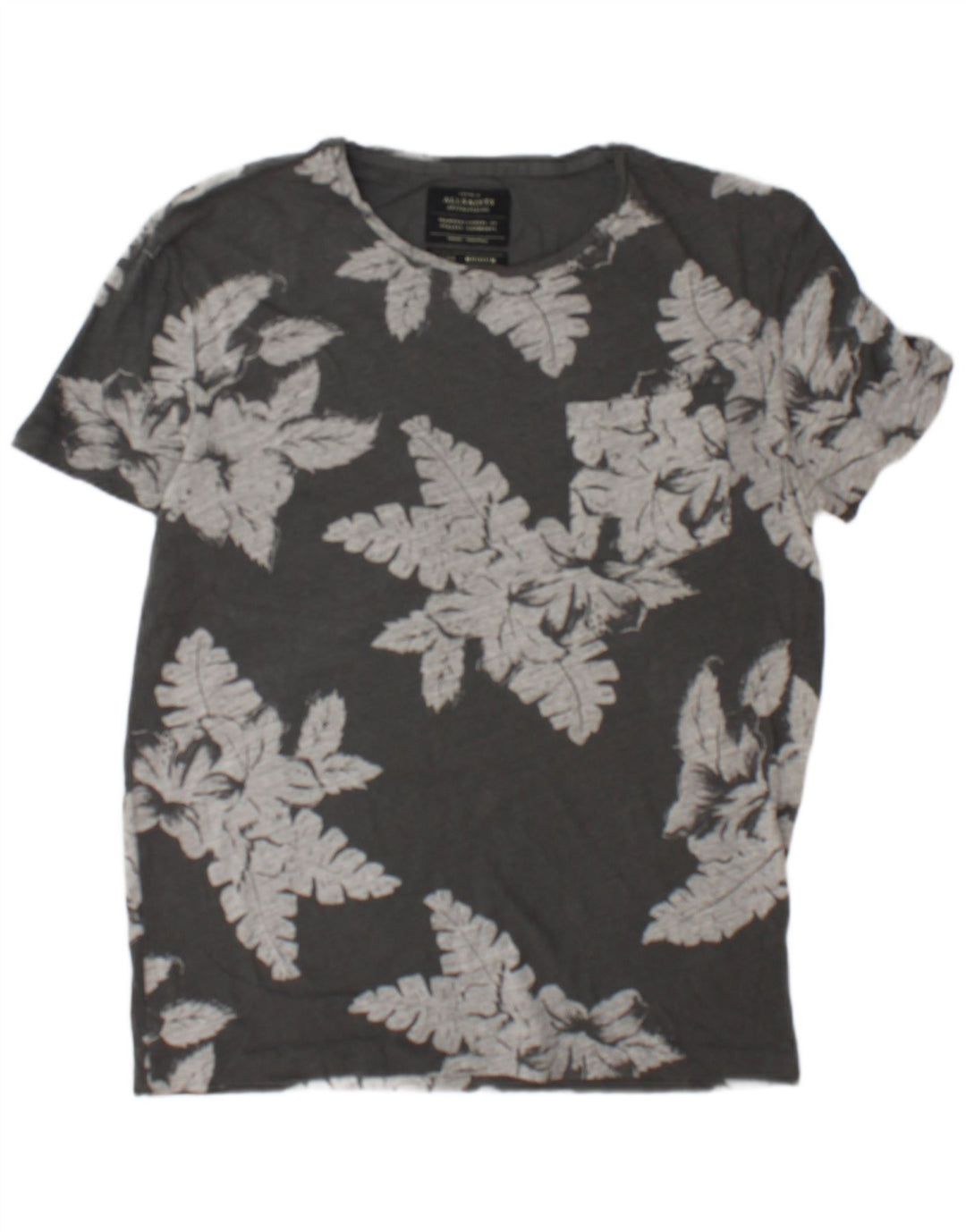 All Saints Herren-T-Shirt-Oberteil aus mittelgrauer, geblümter Baumwolle