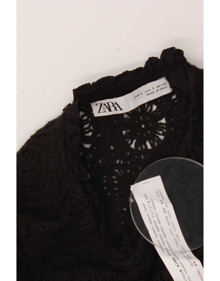 Zara Damen Crop Bluse Top UK 10 Small Schwarz Polyester