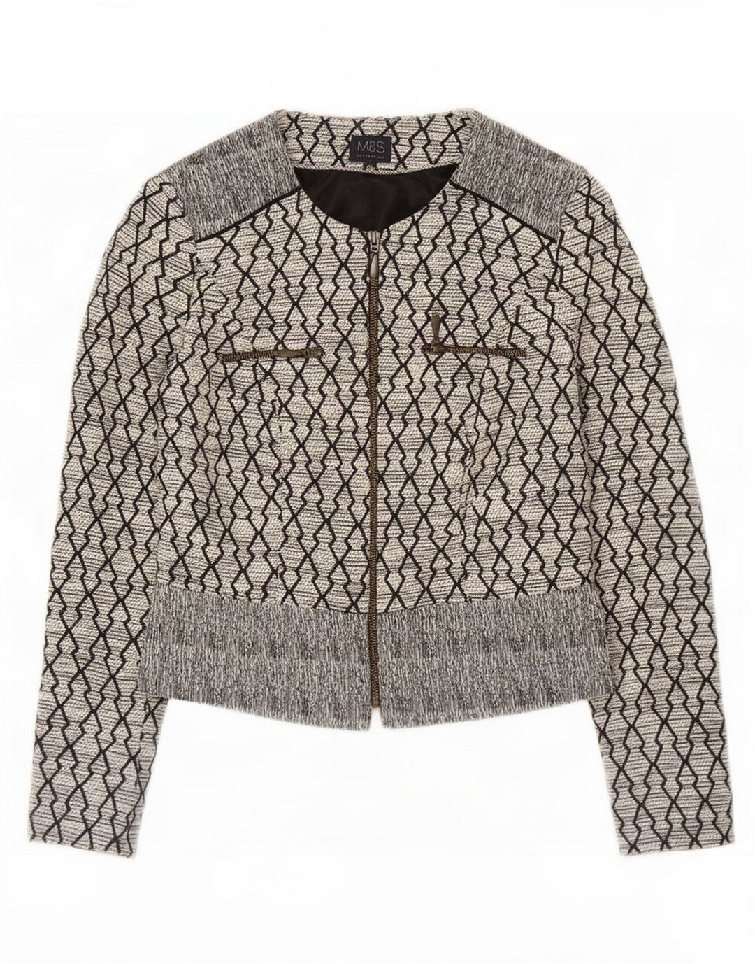 Marks & Spencer Damen-Blazerjacke, Gr. 8, Größe S, schwarz, geometrisch, Baumwolle