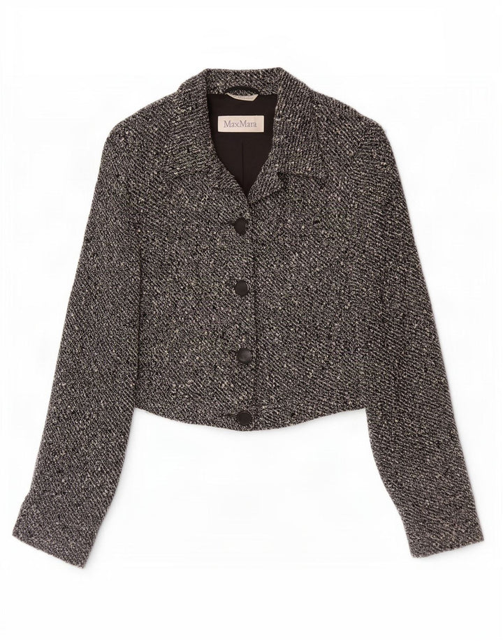 Max Mara Damen Crop 4-Knopf-Blazer-Jacke, UK 14, mittelgrau gesprenkelte Wolle