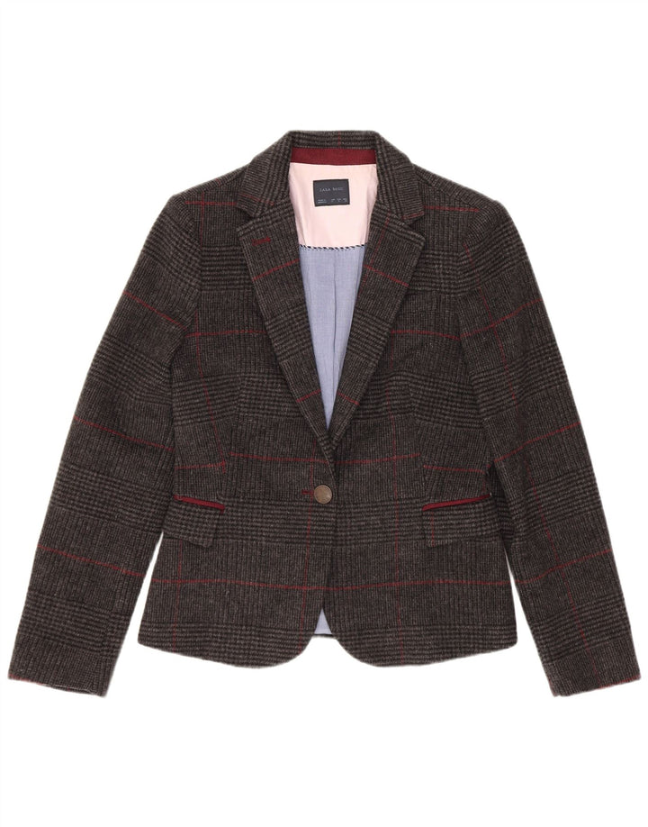 Zara Damen-Blazer mit 1 Knopf, Gr. 10, Größe S, graue Wolle mit Hahnentrittmuster