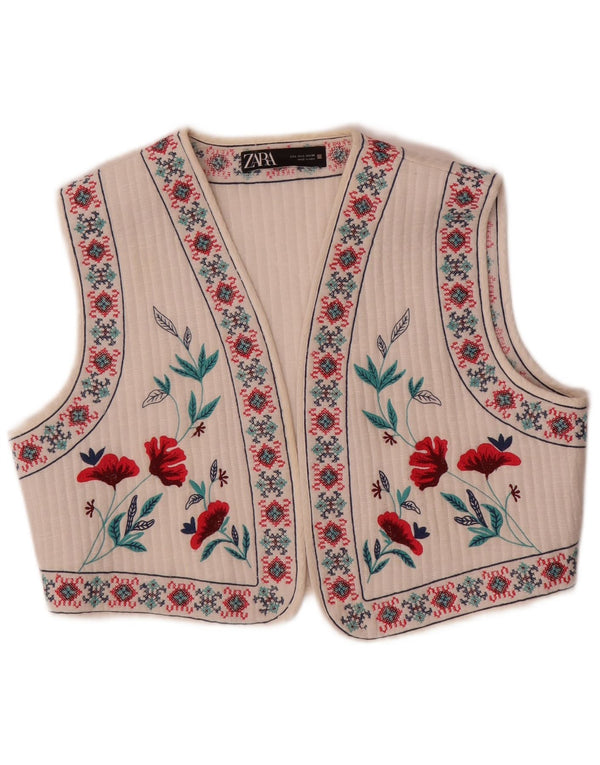 Zara Damen Crop Weste UK 16 Large Weiß Floral Ethno