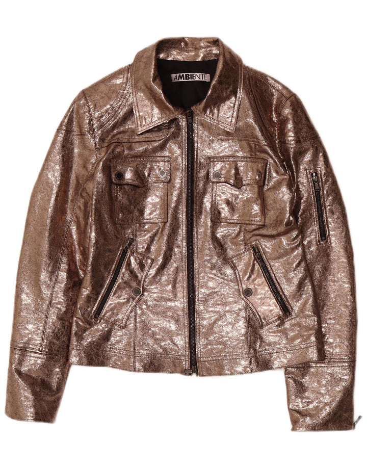 AMBIENTE Damen-Utility-Jacke aus Kunstleder, UK 14, Größe L, braun, Polyester