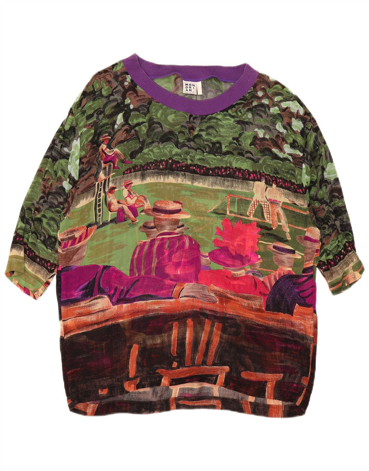 VINTAGE Damen Bluse mit abstraktem Muster UK 14 Groß Mehrfarbig