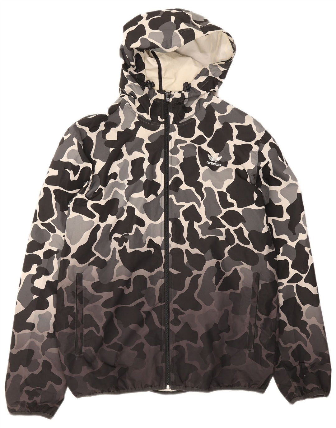Adidas Herren-Regenjacke mit Kapuze, UK 38, mittelgraues Camouflage-Polyester