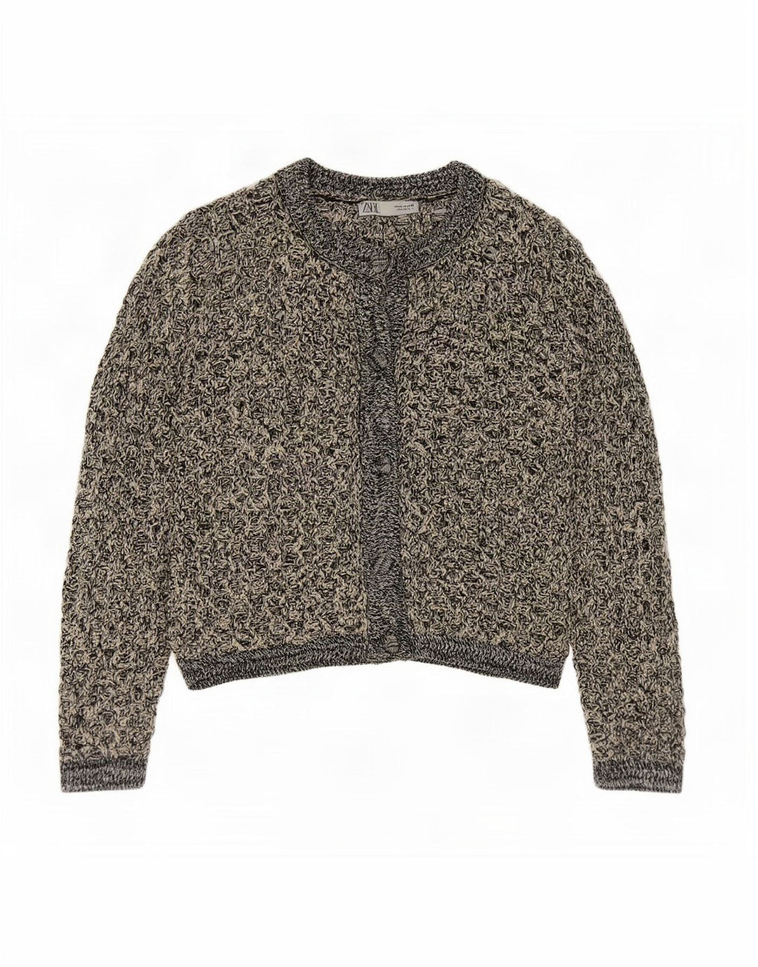 Zara Damen Häkel-Cardigan-Pullover UK 14 Mittelschwarz geflecktes Polyester