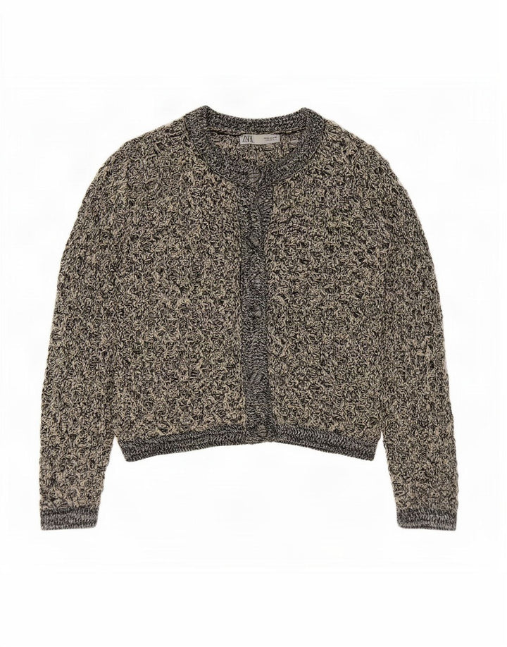 Zara Damen Häkel-Cardigan-Pullover UK 14 Mittelschwarz geflecktes Polyester