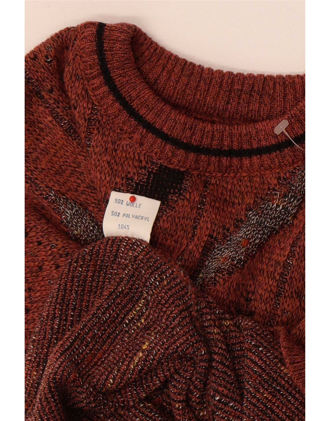 Vintage Herren Pullover mit Rundhalsausschnitt IT 50 mittelbraune geometrische Wolle