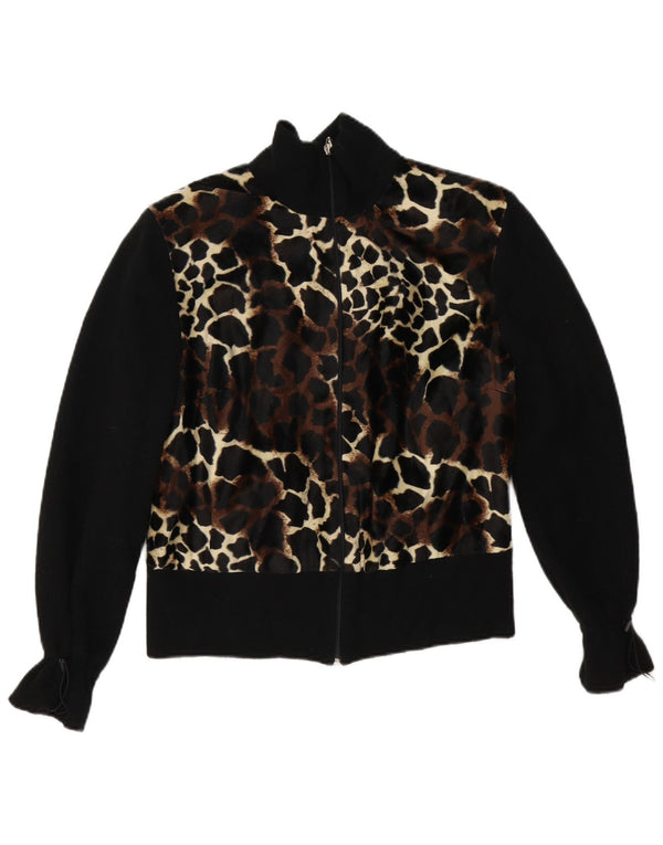 Vintage Damen Bomberjacke UK 12 Medium Schwarz Animal Print