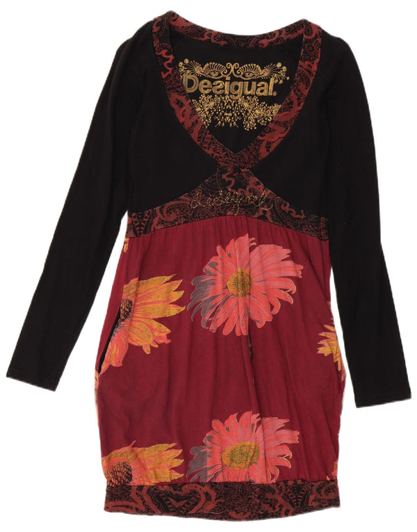 Desigual Damen Langarm-Empire-Kleid UK 12 Mittelschwarz geblümt