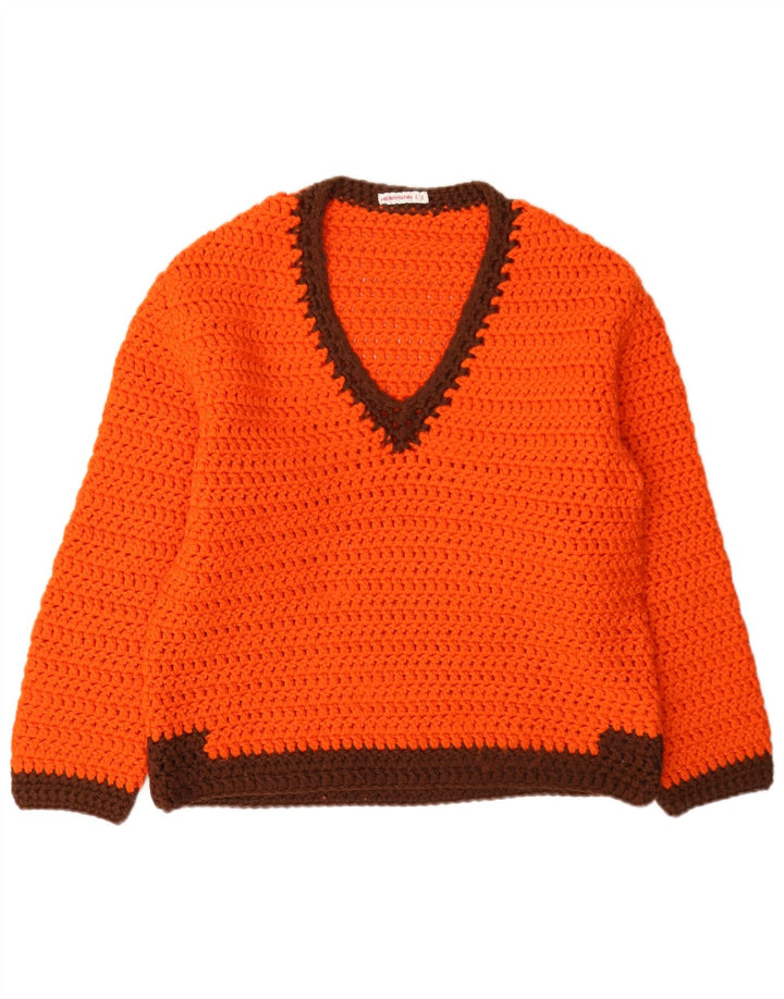 Vintage Damen V-Ausschnitt Pullover Pullover UK 12 Mittelorange Farbblock