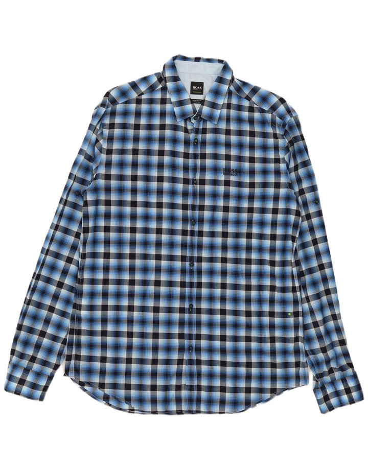 Hugo Boss Herren-Stretch-Hemd mit normaler Passform, groß, blau kariert, Baumwolle
