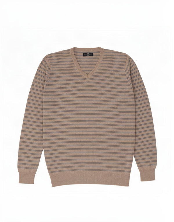 Marks & Spencer Herren-Pullover mit V-Ausschnitt, blau, Harbor, groß, beige gestreift