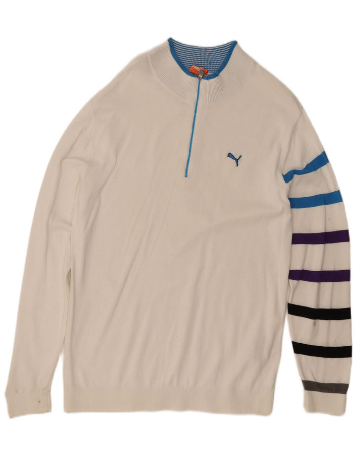 Puma Herren-Pullover mit Reißverschluss am Hals, groß, weiß gestreift, Baumwolle