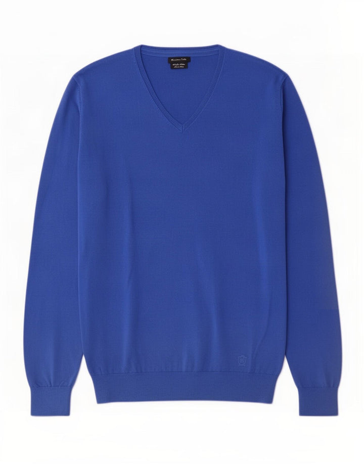 Massimo Dutti Herren-Pullover mit V-Ausschnitt, groß, aus blauer Baumwolle