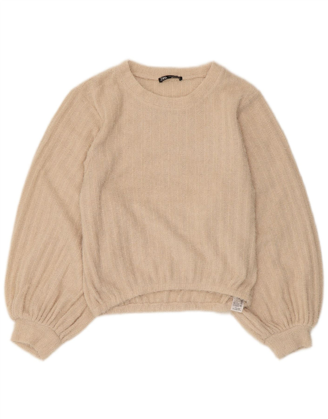 Zara Damen-Pullover mit Rundhalsausschnitt, Gr. 10, Größe S, Beige, gestreift, Polyester