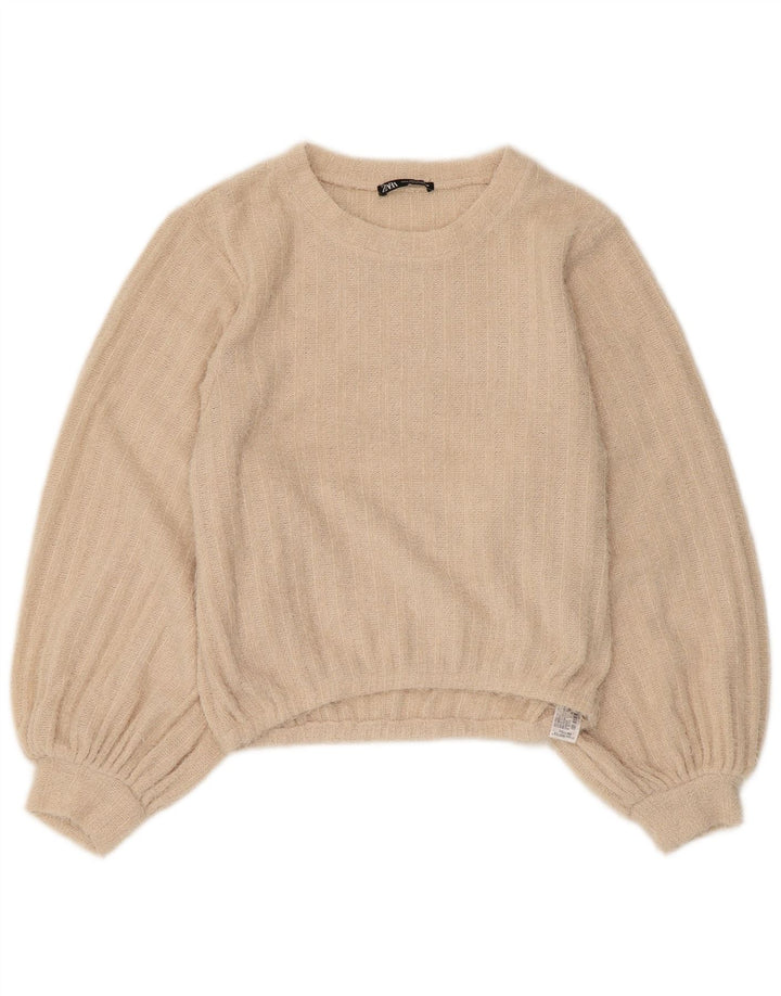 Zara Damen-Pullover mit Rundhalsausschnitt, Gr. 10, Größe S, Beige, gestreift, Polyester