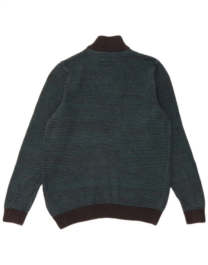 Marks & Spencer Herren-Pullover mit Reißverschluss am Hals, mittelgrün gestreifte Baumwolle