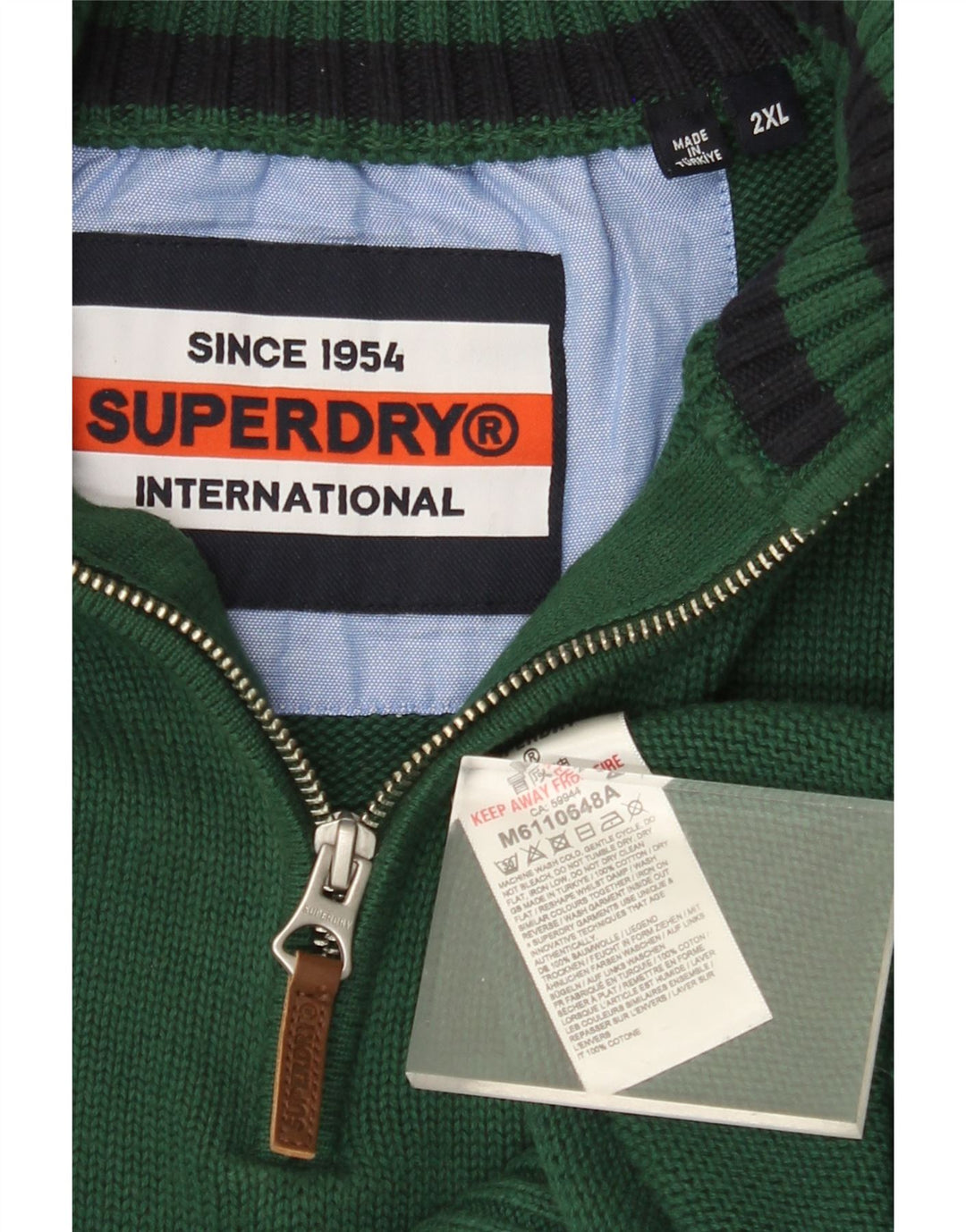 SUPERDRY Herren-Pullover mit Reißverschluss am Hals, 2XL, grüne Baumwolle