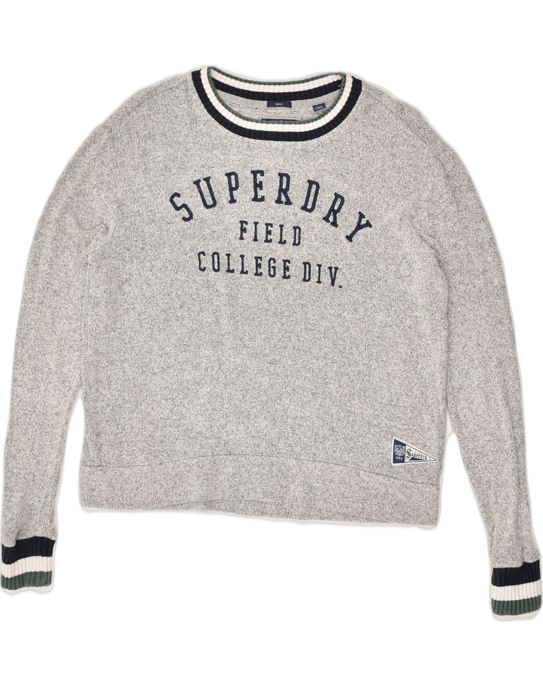 SUPERDRY Womens Crop Graphic Crew Neck Jumper Sweater UK 10 Small Grey | Vintage Superdry | Thrift | Second-Hand Superdry | Used Clothing | Messina Hembry 