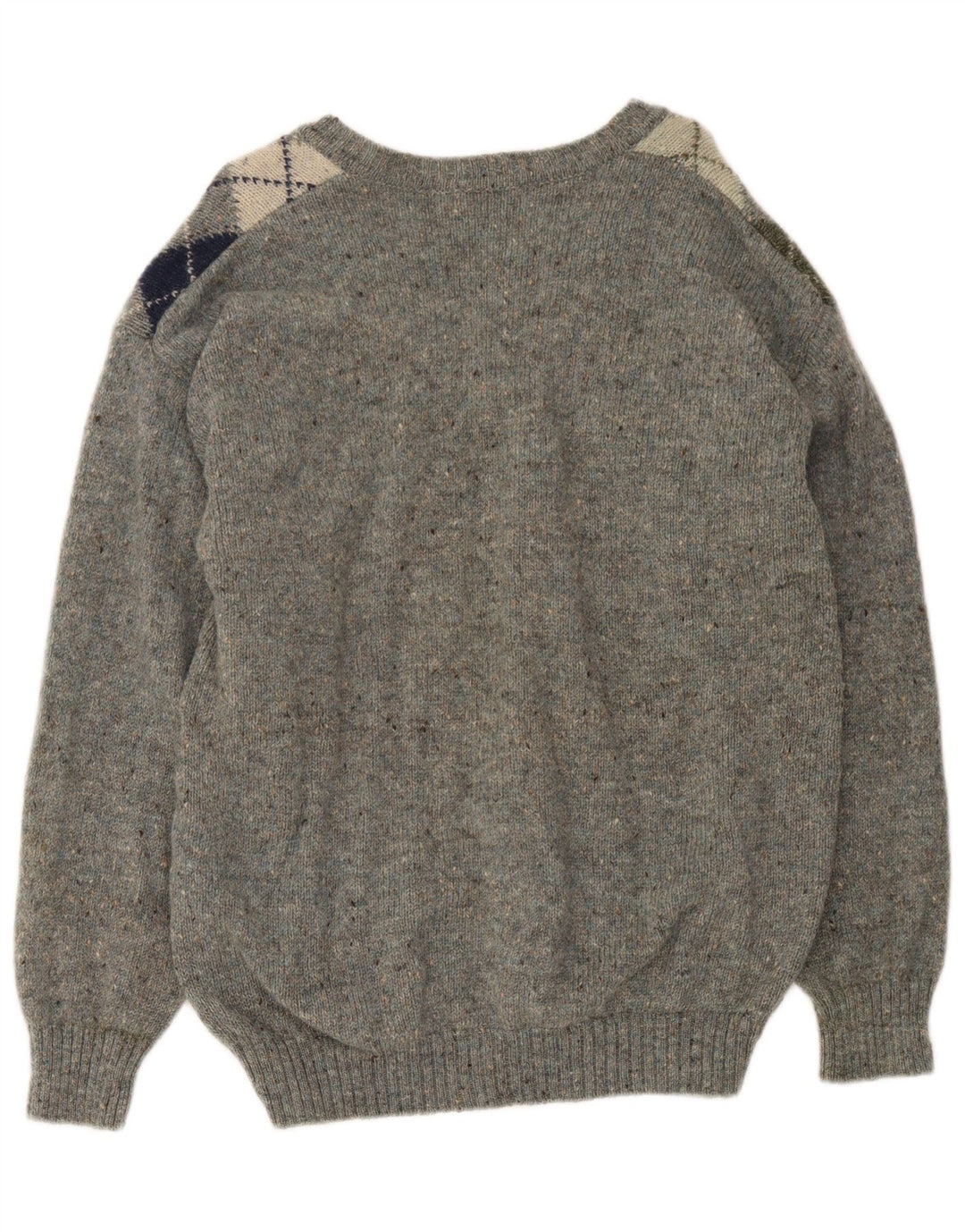 Vintage Herren-Pullover mit V-Ausschnitt, mittelgraue Argyle-/Diamant-Schurwolle