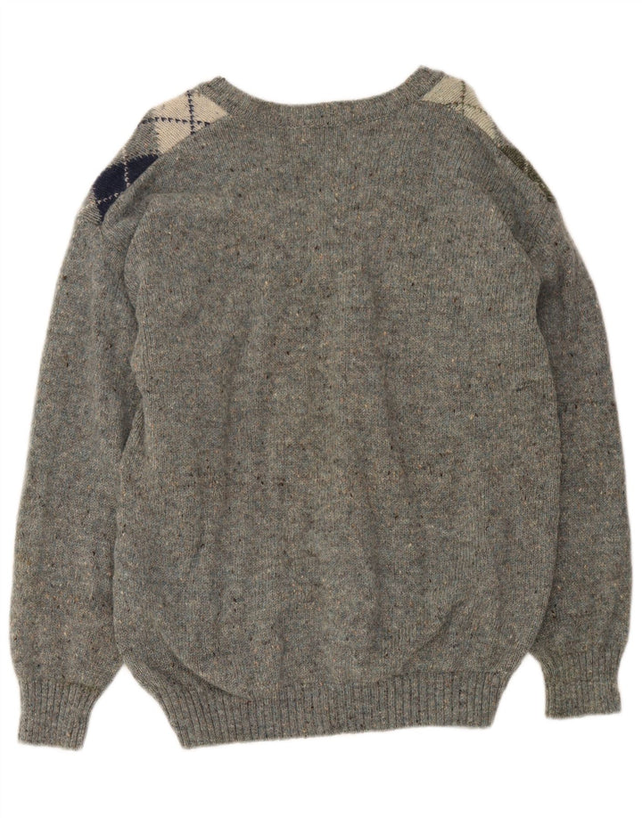 Vintage Herren-Pullover mit V-Ausschnitt, mittelgraue Argyle-/Diamant-Schurwolle