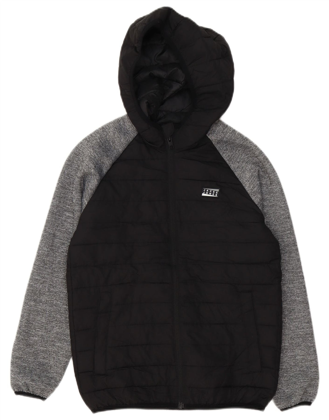 Jack & Jones wattierte Jungenjacke mit Kapuze, 11–12 Jahre, schwarzes Farbblockdesign