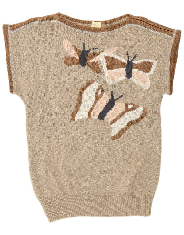 Vintage Damen Weste Tank Top EU 38/40 Medium Beige Fair Isle Butterfly