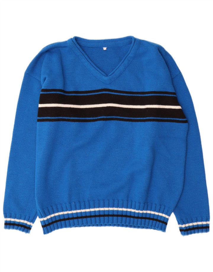 Vintage Herren-Pullover mit V-Ausschnitt, mittelblau, Farbblock