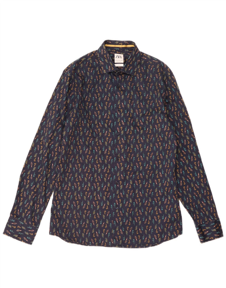 Zara Herren-Hemd mit abstraktem Muster, schmale Passform, mittleres Marineblau