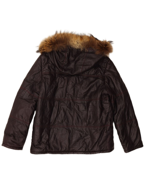 VINTAGE Damen Lederjacke mit Kapuze UK 16 Large Maroon