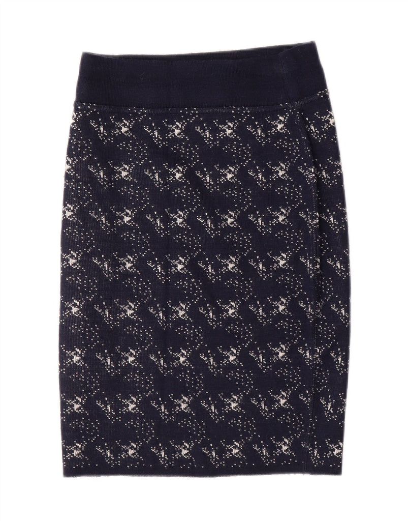 KOOKAI Womens Abstract Pattern Straight Skirt W24 XS Navy Blue Wool Vintage Kookai and Second-Hand Kookai from Messina Hembry 
