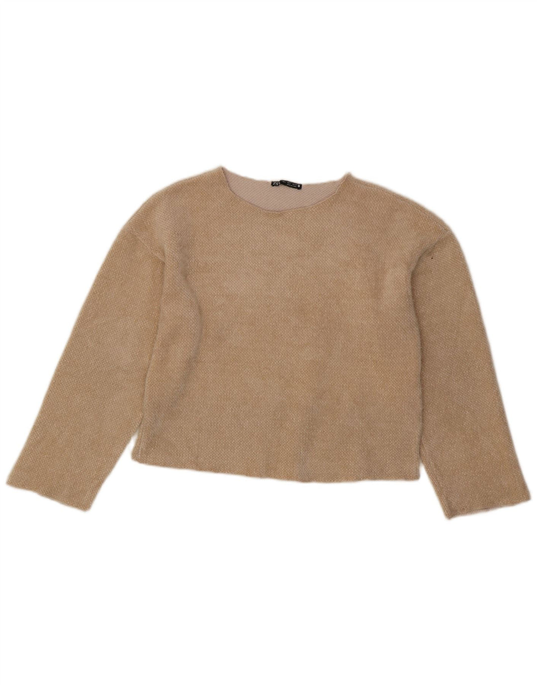 Zara Damen Crop Top Langarm UK 10 Small Beige Polyester