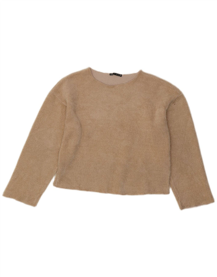 Zara Damen Crop Top Langarm UK 10 Small Beige Polyester