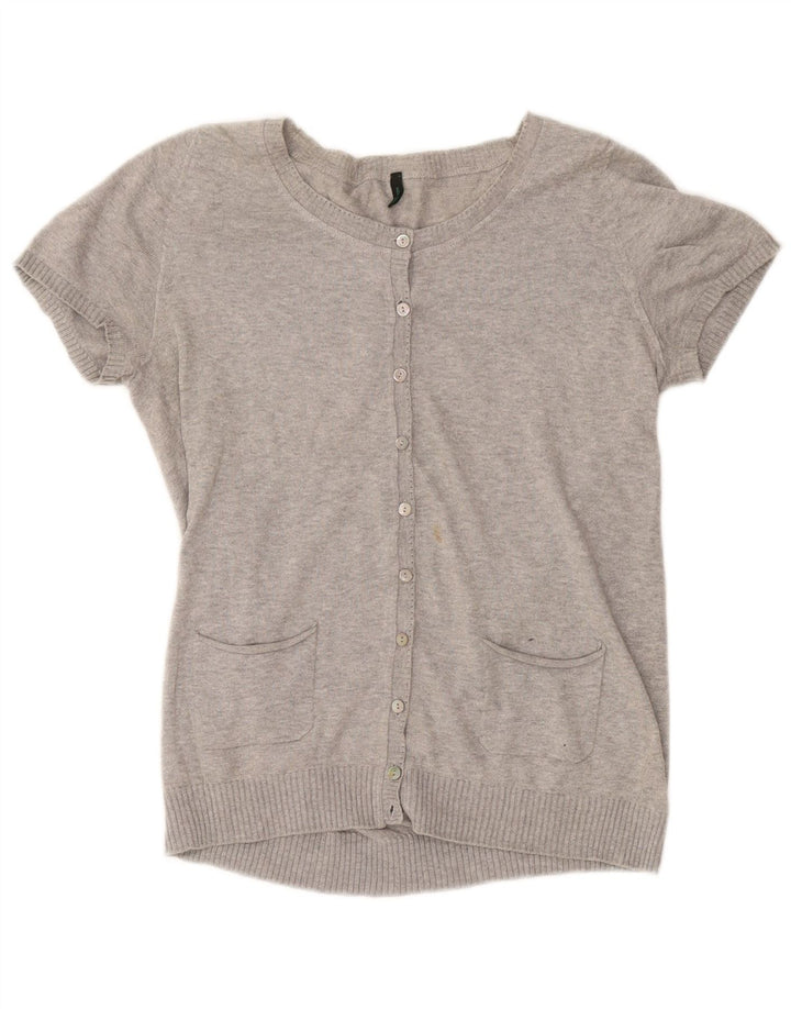 BENETTON Damen-Cardigan mit kurzen Ärmeln, UK 12, Mittelgrau meliert